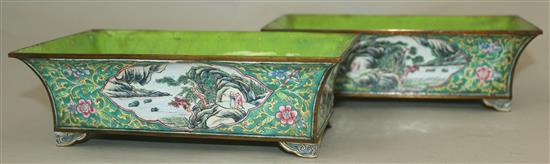 A pair of Chinese Canton enamel rectangular planters, mid 19th century, 19.5cm